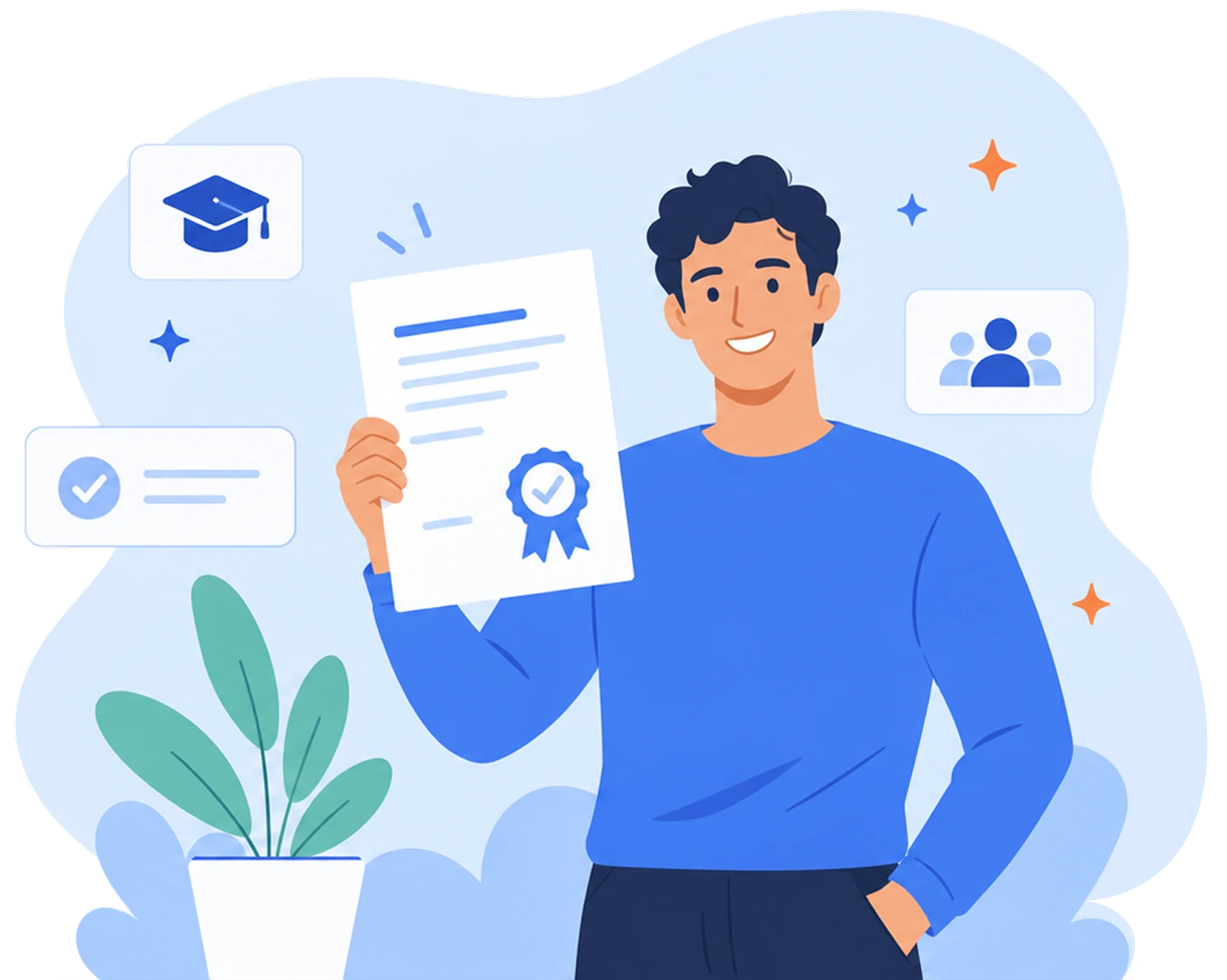 Illustration einer Person, die ein Zertifikat in der Hand hält