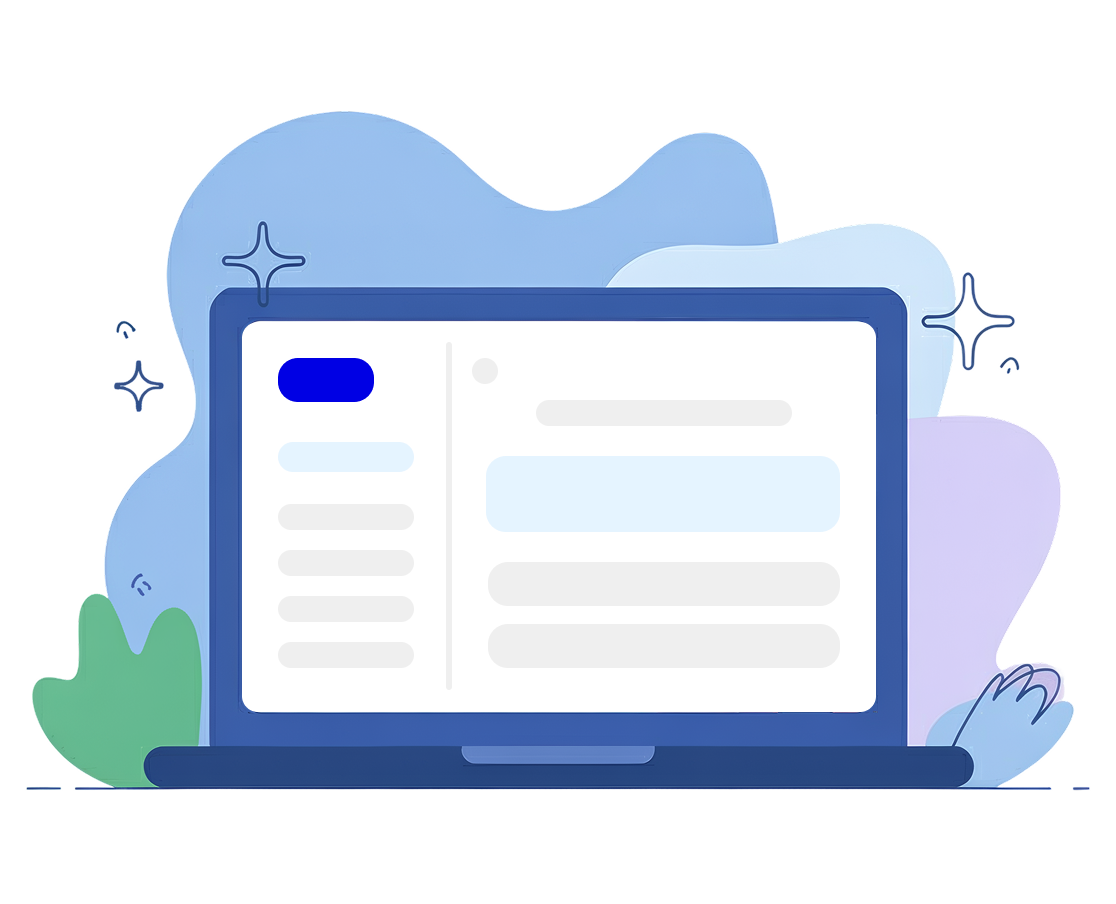 Illustration einer Frau vor einem Laptop mit Dashboard-Interface
