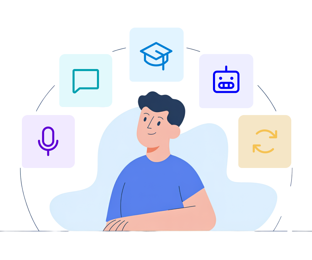 Illustration eines Mannes umgeben von verschiedenen Personen-Avataren, die das Service-Netzwerk darstellen