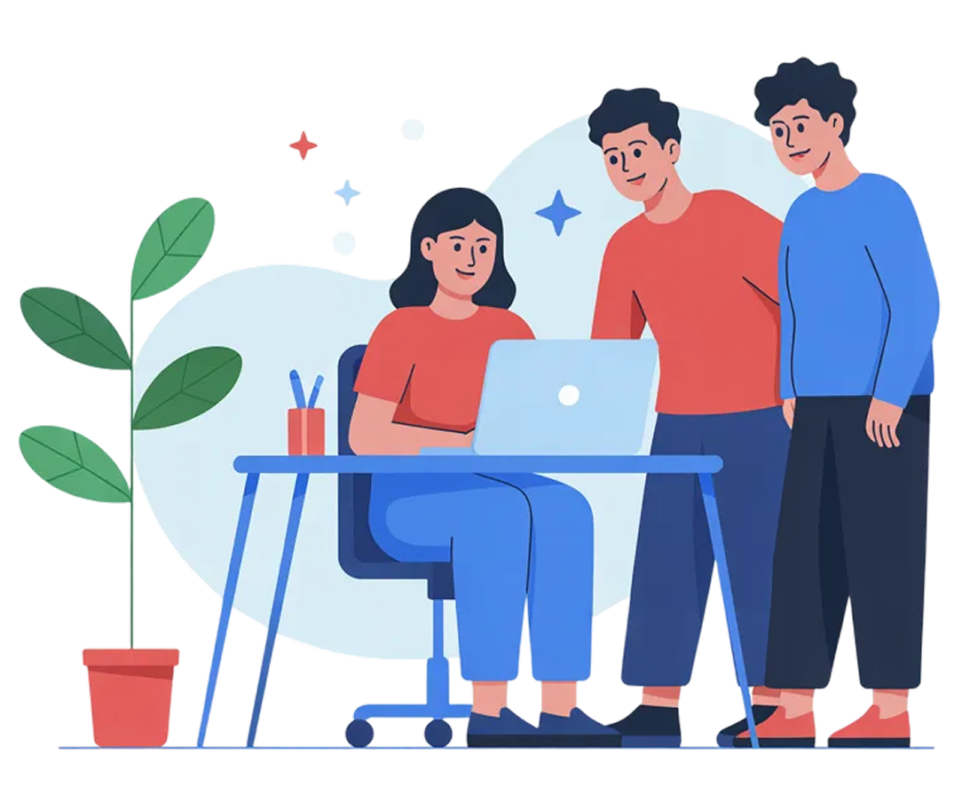 Illustration von drei Personen, die gemeinsam an einem Laptop arbeiten