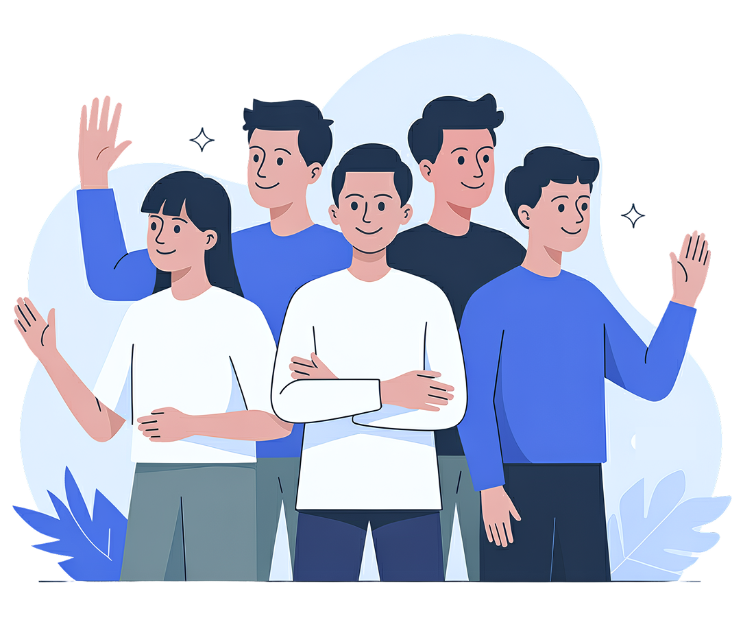 Illustration eines Teams von 5 Personen, die freundlich winken