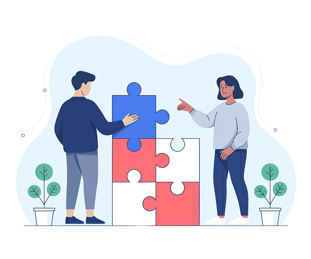 Illustration von zwei Personen, die gemeinsam an einem Puzzle arbeiten